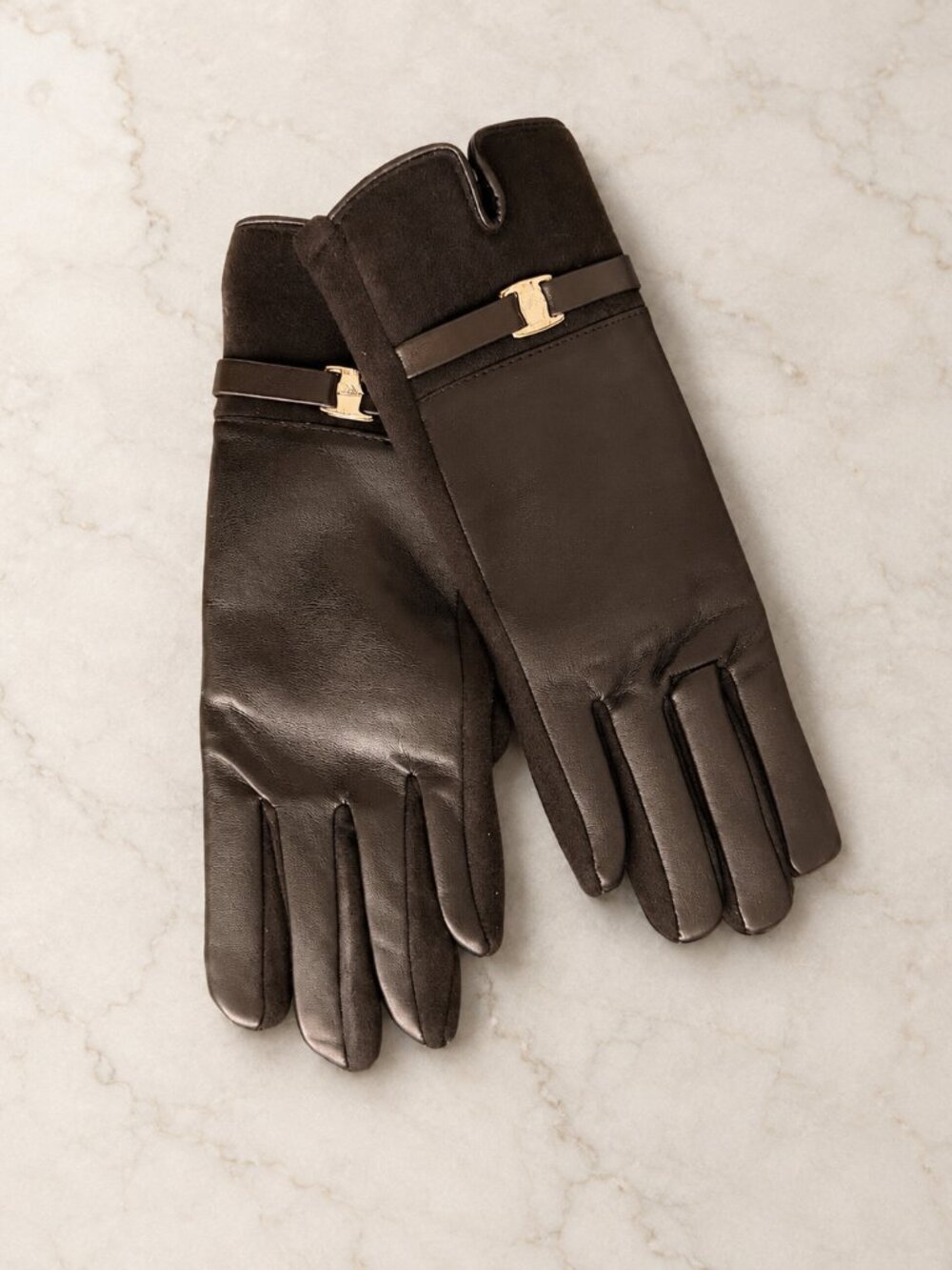 Black Leather Suede Gloves Gold Tone Buckle Detail Elegant Winter Gloves
